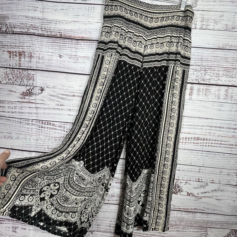 Free People Sarah Wide Leg Crop Pants Boho Beach Black Ivory Print Bohemian Sm